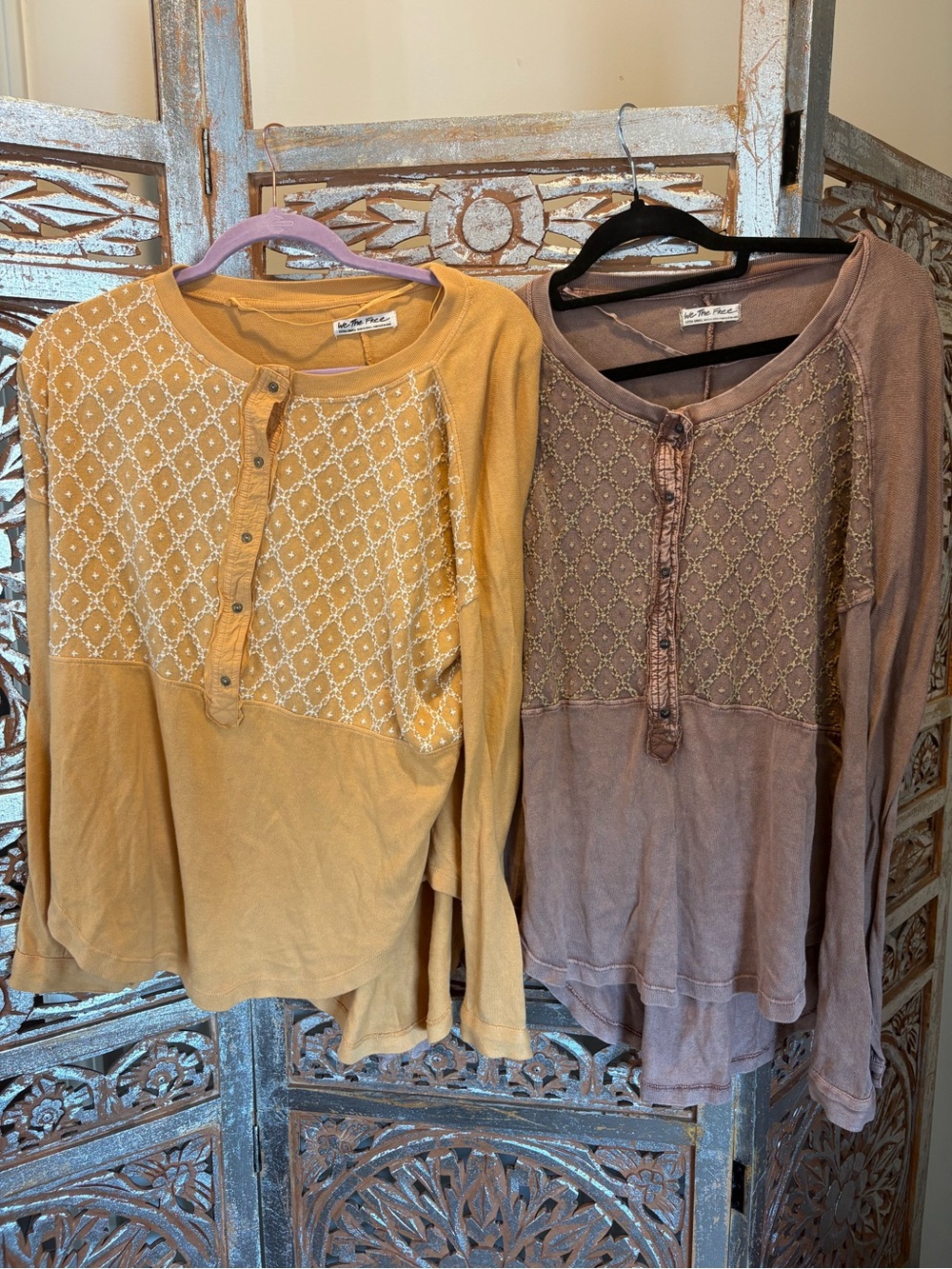 We The Free Embroidered Henley Long Sleeve Top - Mustard and Taupe